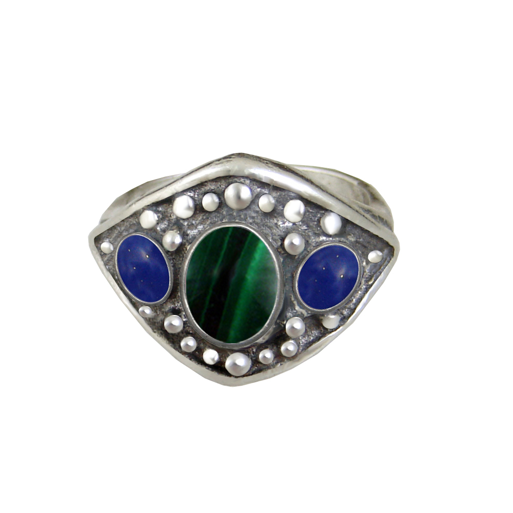 Sterling Silver Medieval Lady's Ring With Malachite And Lapis Lazuli Size 10